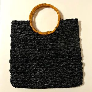 Vtg Black Raffia "It's In The Bag" Purse Circle Bamboo Handles Japan for Ritter